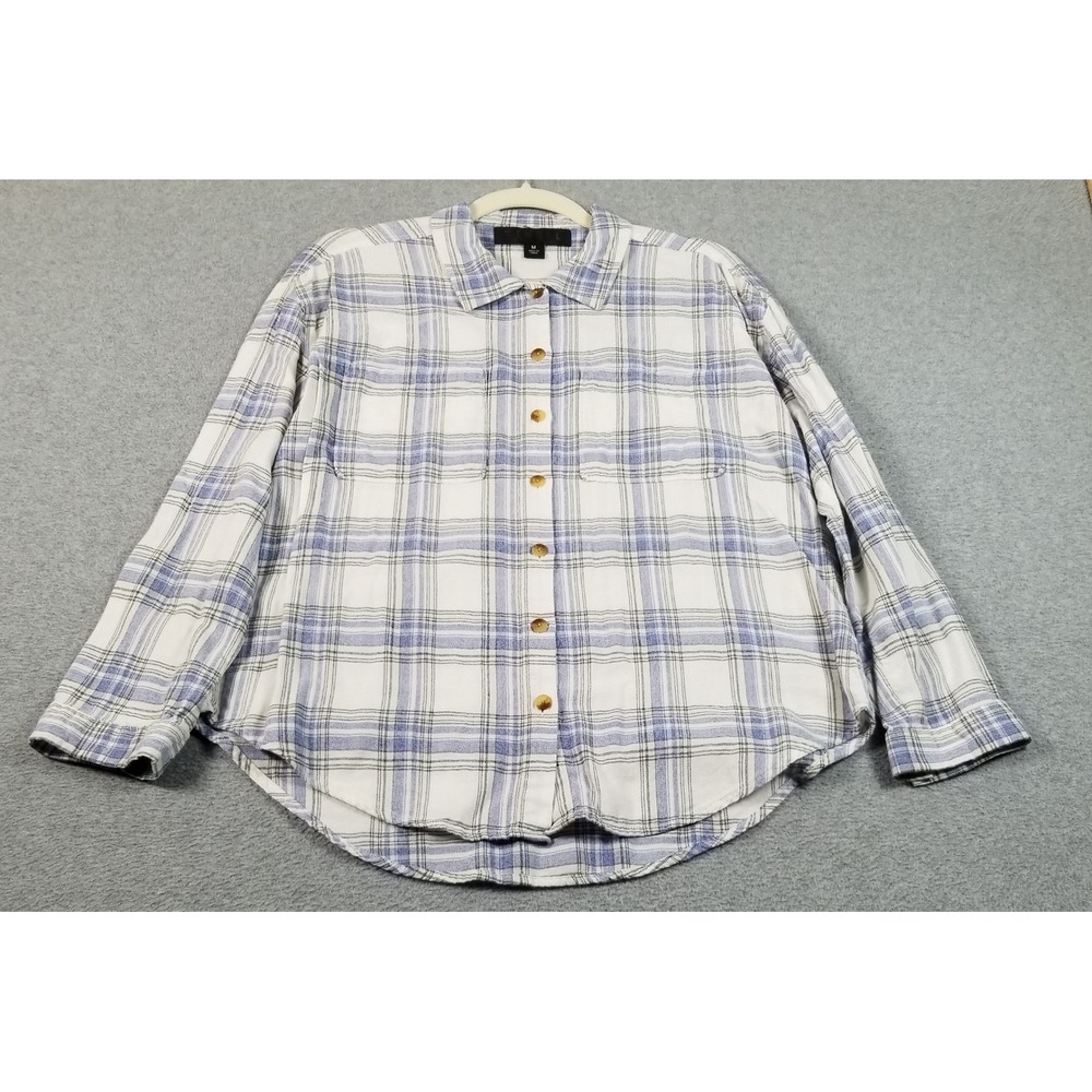 Tinsel Button Up Shirt Women M Medium White Blue Plaid Flannel Long Sleeve Fall